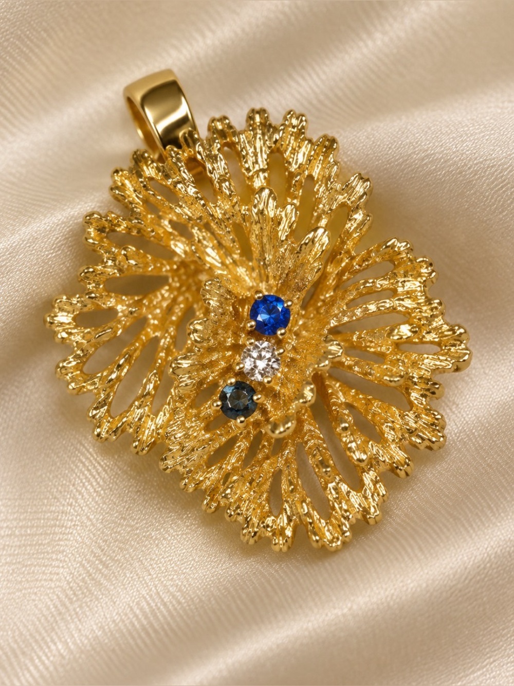 FINAL! Tiffany & Co 18k gold pendant with diamond and sapphire. 1”x 1 1/4